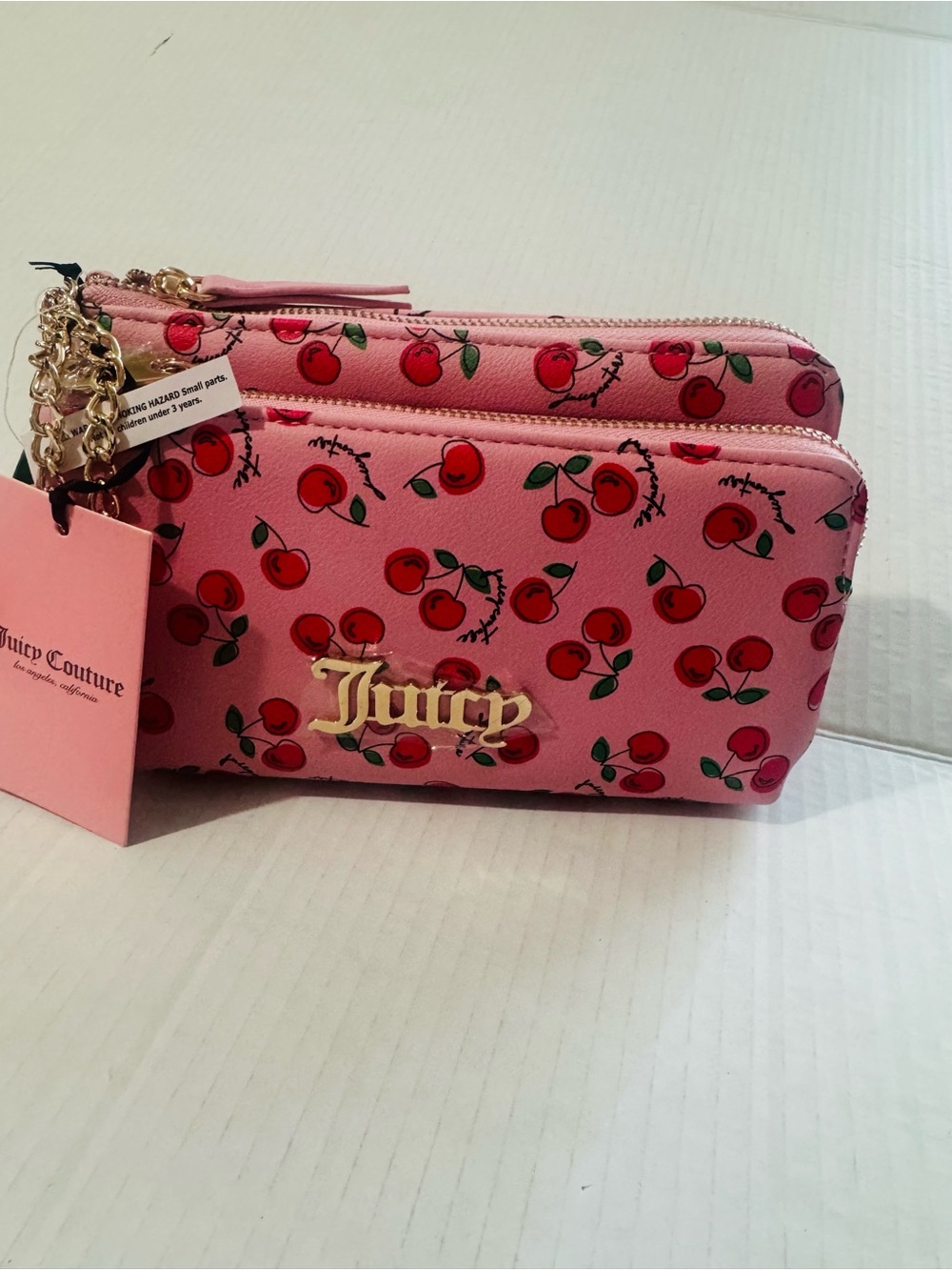 Juicy Couture flamingo pink Cherry girl  Double-Zip wristlet Wallet BNWT